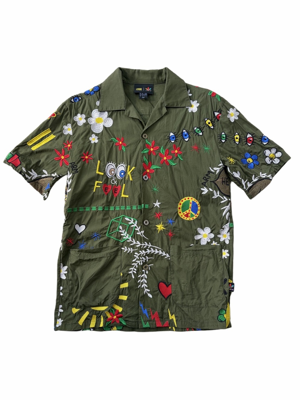 Adidas Pharell Williams Men Small Embroidered Olive Green Button Down Camp Shirt